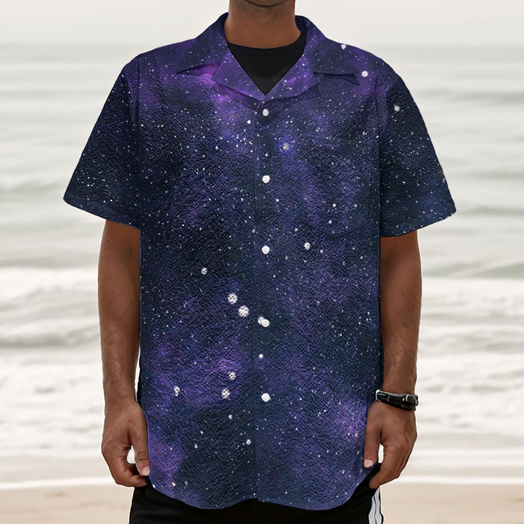 Dark Purple Galaxy Outer Space Print Textured Short Sleeve Shirt