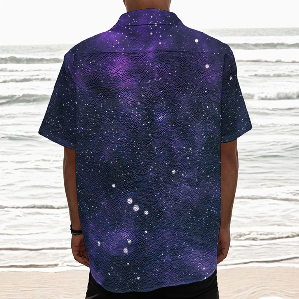 Dark Purple Galaxy Outer Space Print Textured Short Sleeve Shirt