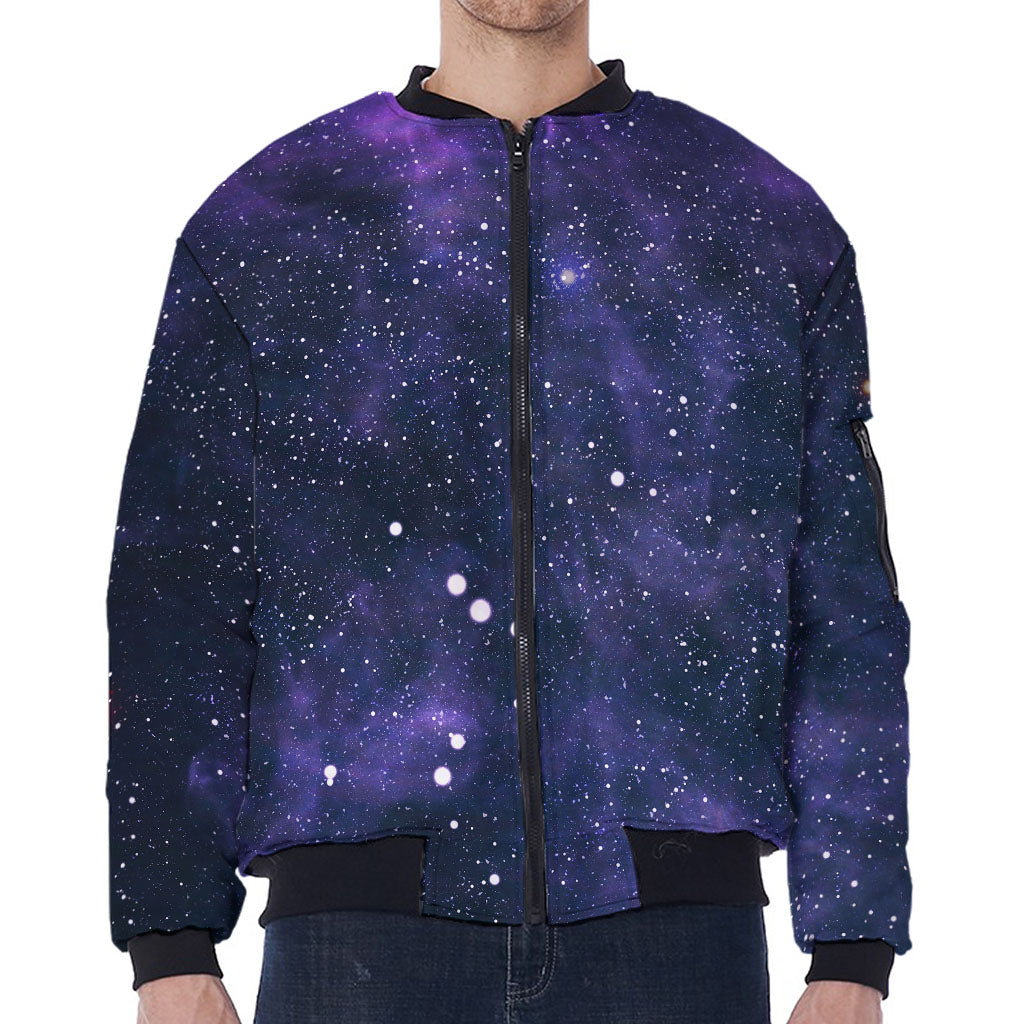 Dark Purple Galaxy Outer Space Print Zip Sleeve Bomber Jacket