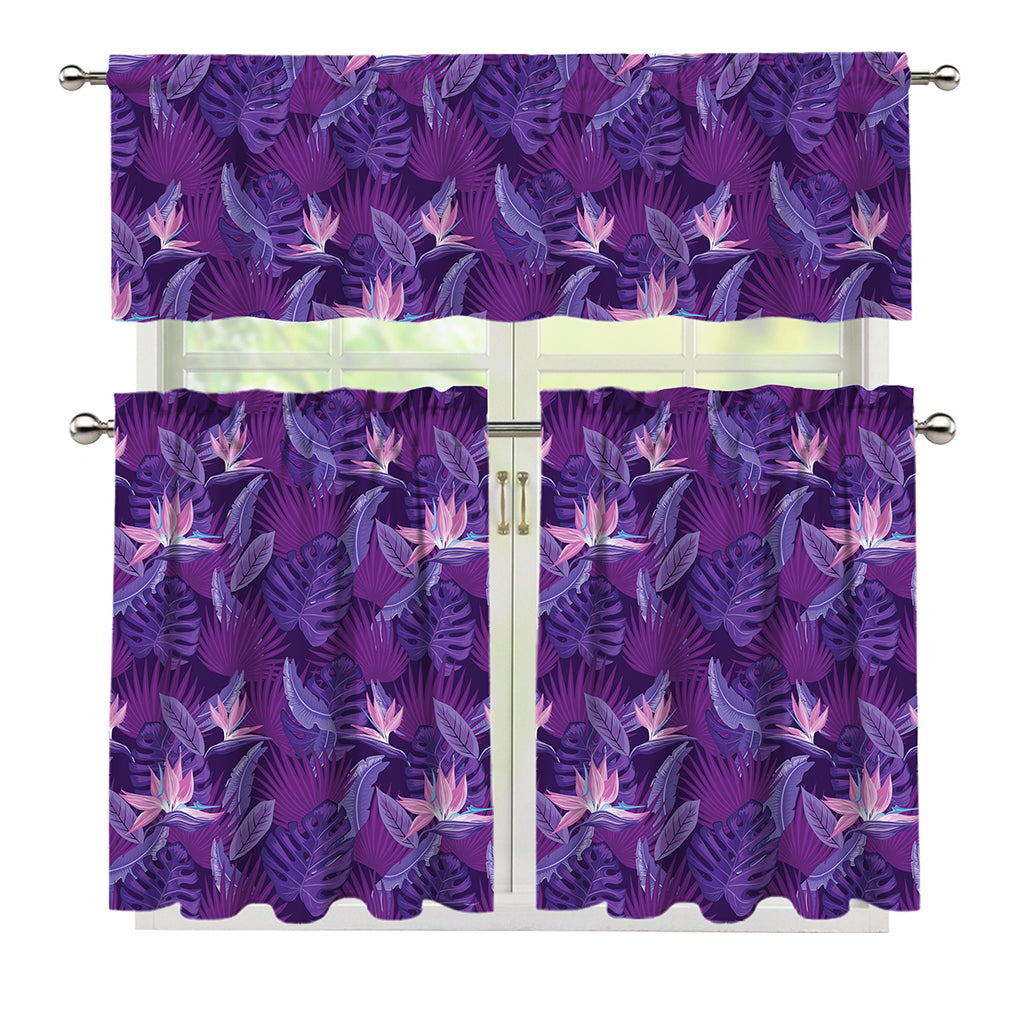 Dark Purple Hawaiian Tropical Print 3 Piece Kitchen Curtains