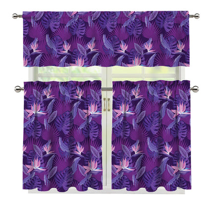 Dark Purple Hawaiian Tropical Print 3 Piece Kitchen Curtains