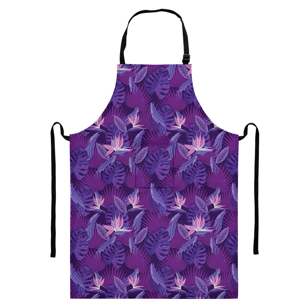 Dark Purple Hawaiian Tropical Print Bib Apron With Pocket
