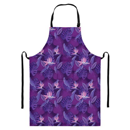 Dark Purple Hawaiian Tropical Print Bib Apron With Pocket