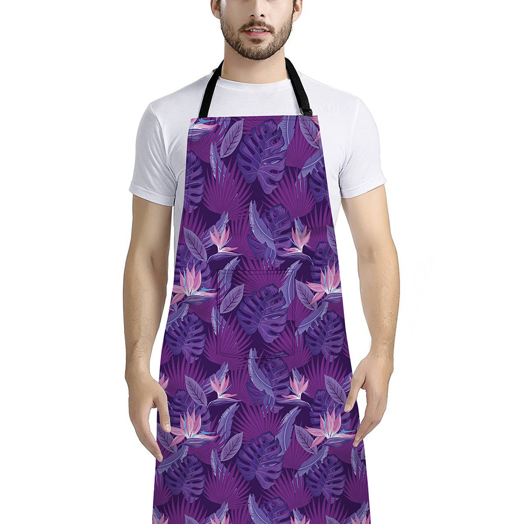 Dark Purple Hawaiian Tropical Print Bib Apron With Pocket