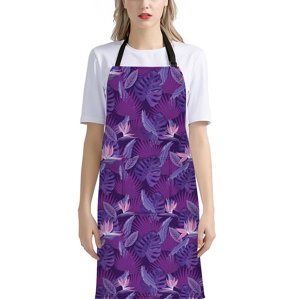 Dark Purple Hawaiian Tropical Print Bib Apron With Pocket
