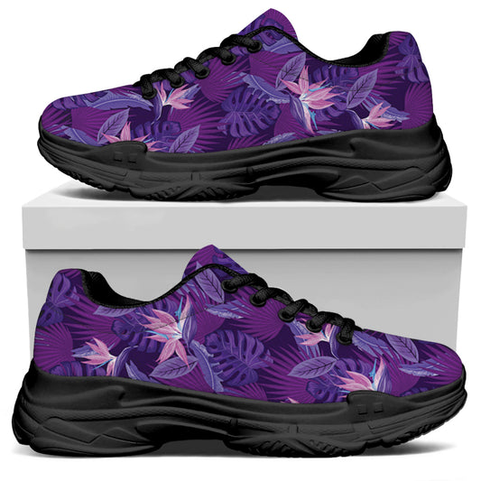 Dark Purple Hawaiian Tropical Print Black Chunky Shoes