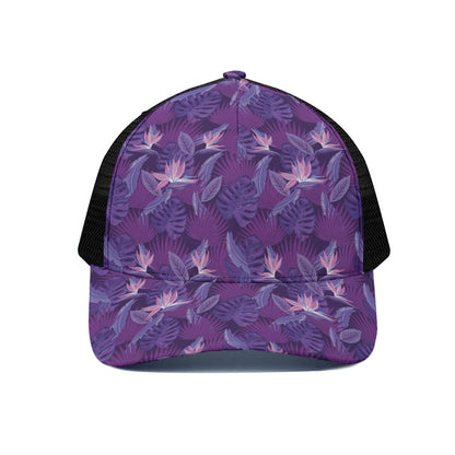 Dark Purple Hawaiian Tropical Print Black Mesh Trucker Cap