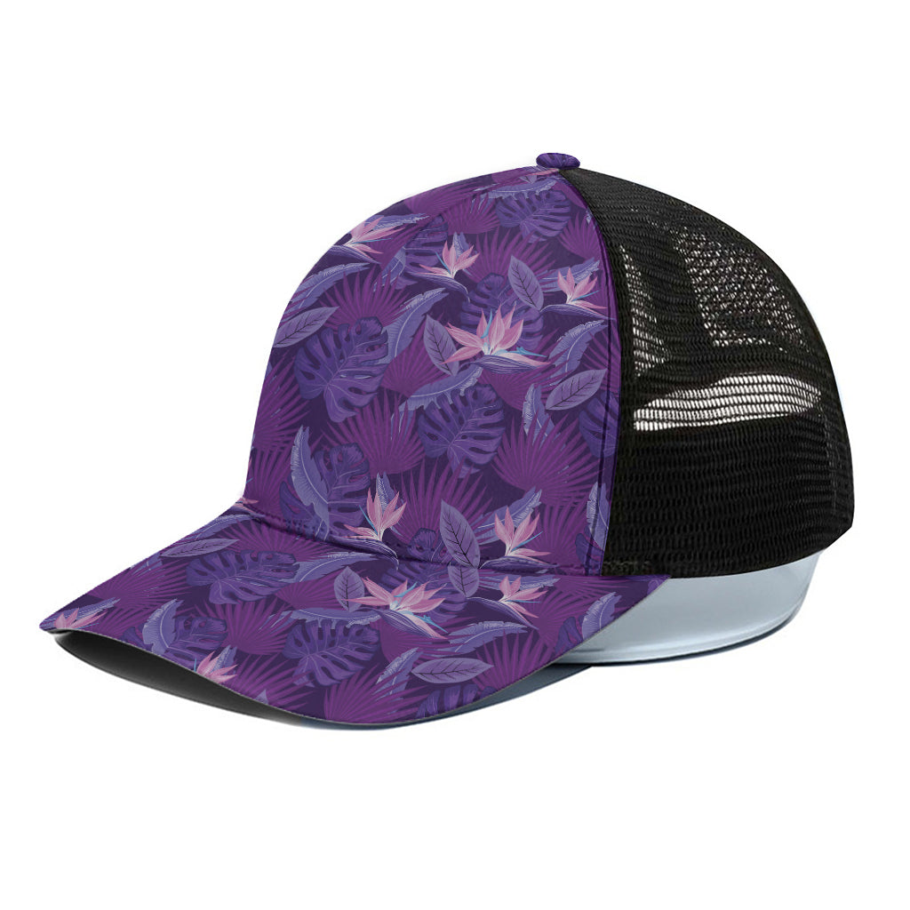 Dark Purple Hawaiian Tropical Print Black Mesh Trucker Cap
