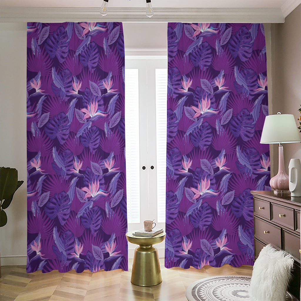 Dark Purple Hawaiian Tropical Print Blackout Pencil Pleat Curtains