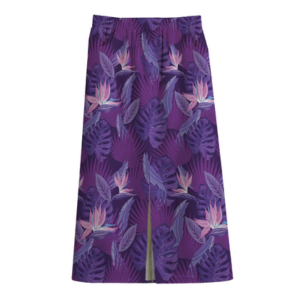 Dark Purple Hawaiian Tropical Print Cotton Front Slit Maxi Skirt