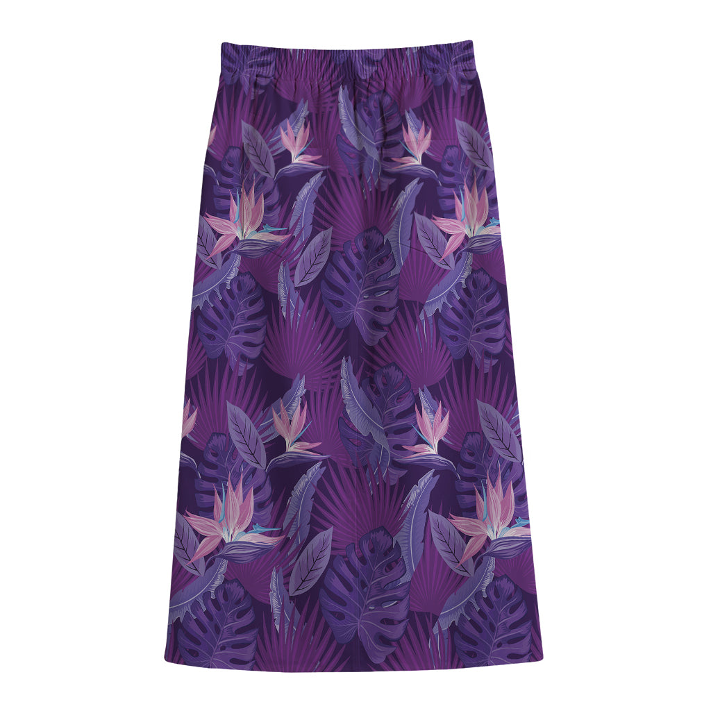Dark Purple Hawaiian Tropical Print Cotton Front Slit Maxi Skirt