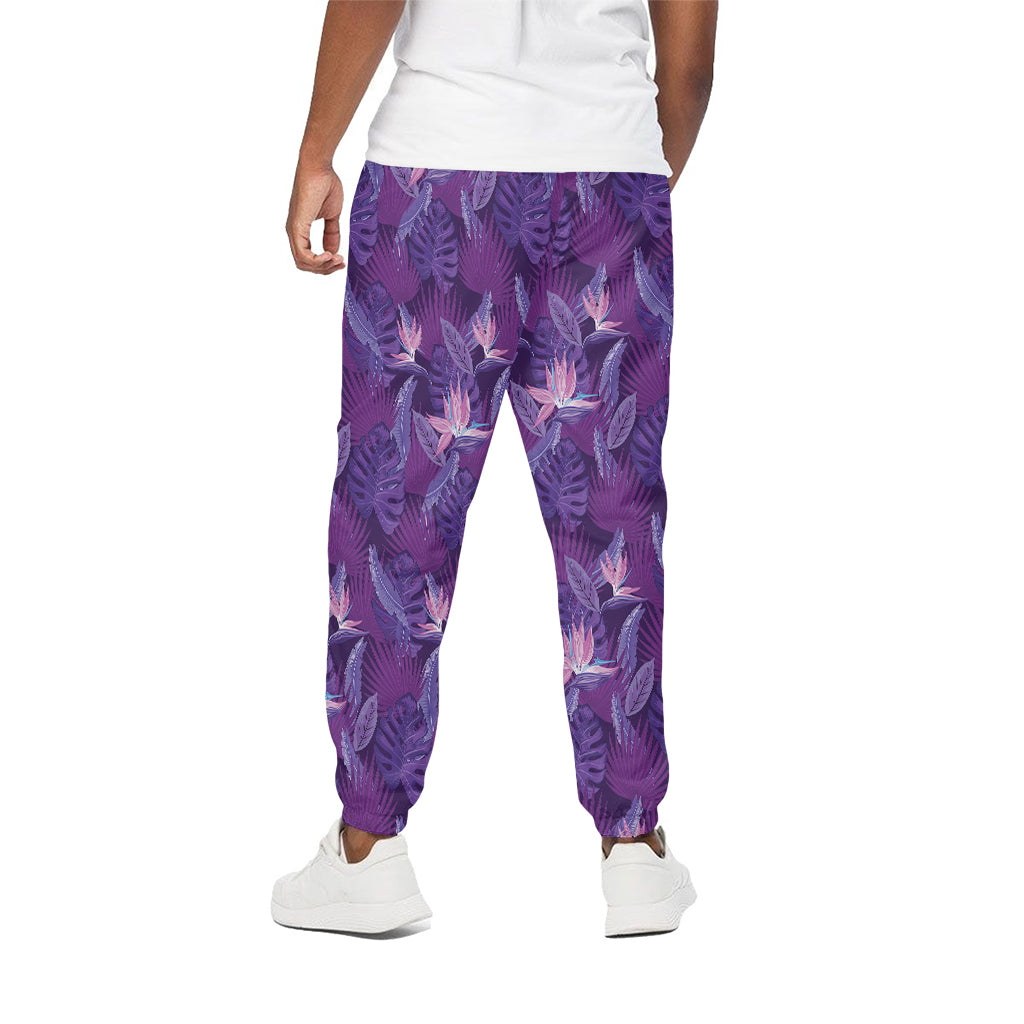 Dark Purple Hawaiian Tropical Print Cotton Pants