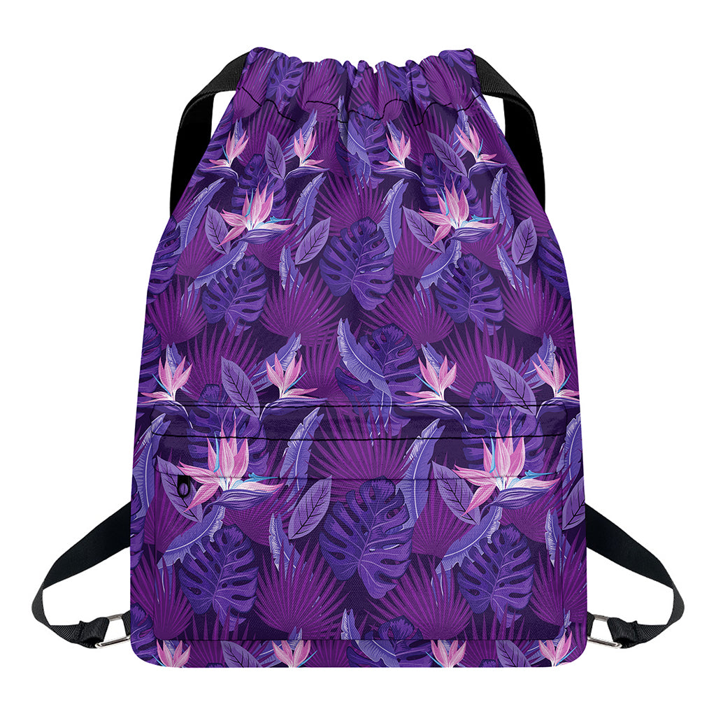 Dark Purple Hawaiian Tropical Print Drawstring Backpack