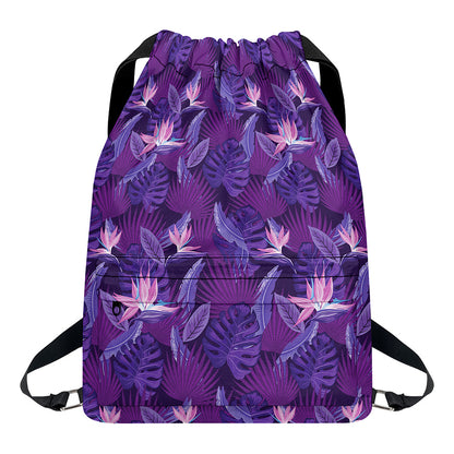 Dark Purple Hawaiian Tropical Print Drawstring Backpack