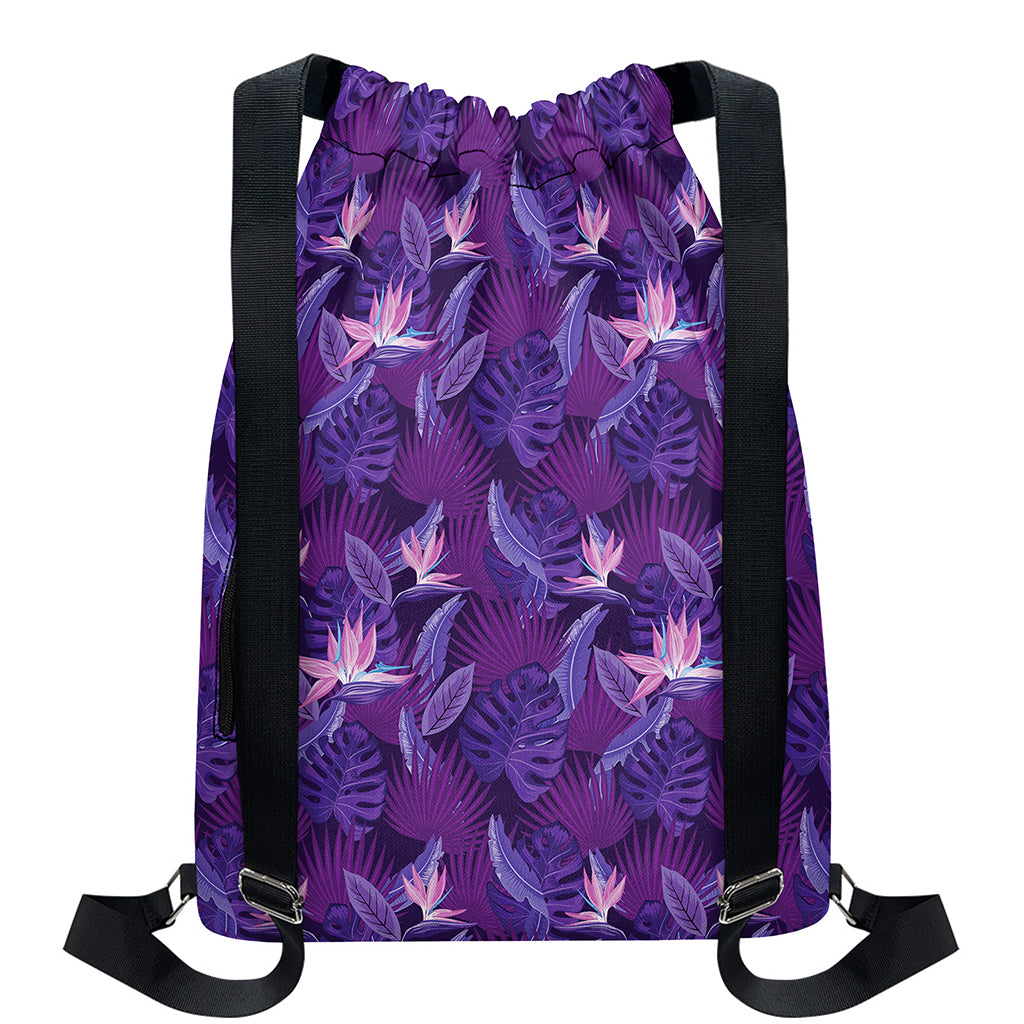 Dark Purple Hawaiian Tropical Print Drawstring Backpack