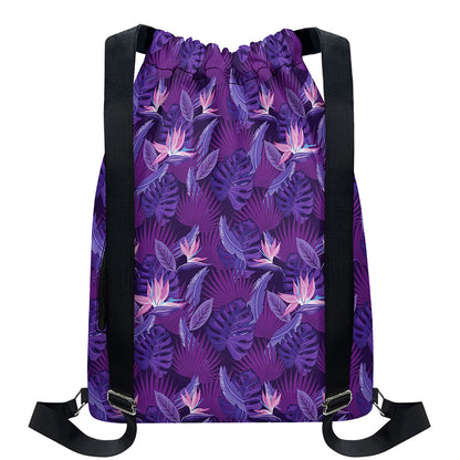 Dark Purple Hawaiian Tropical Print Drawstring Backpack