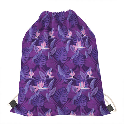Dark Purple Hawaiian Tropical Print Drawstring Bag