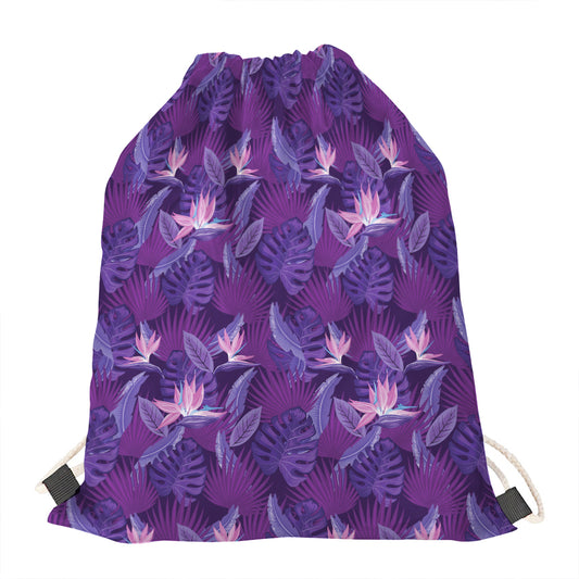 Dark Purple Hawaiian Tropical Print Drawstring Bag