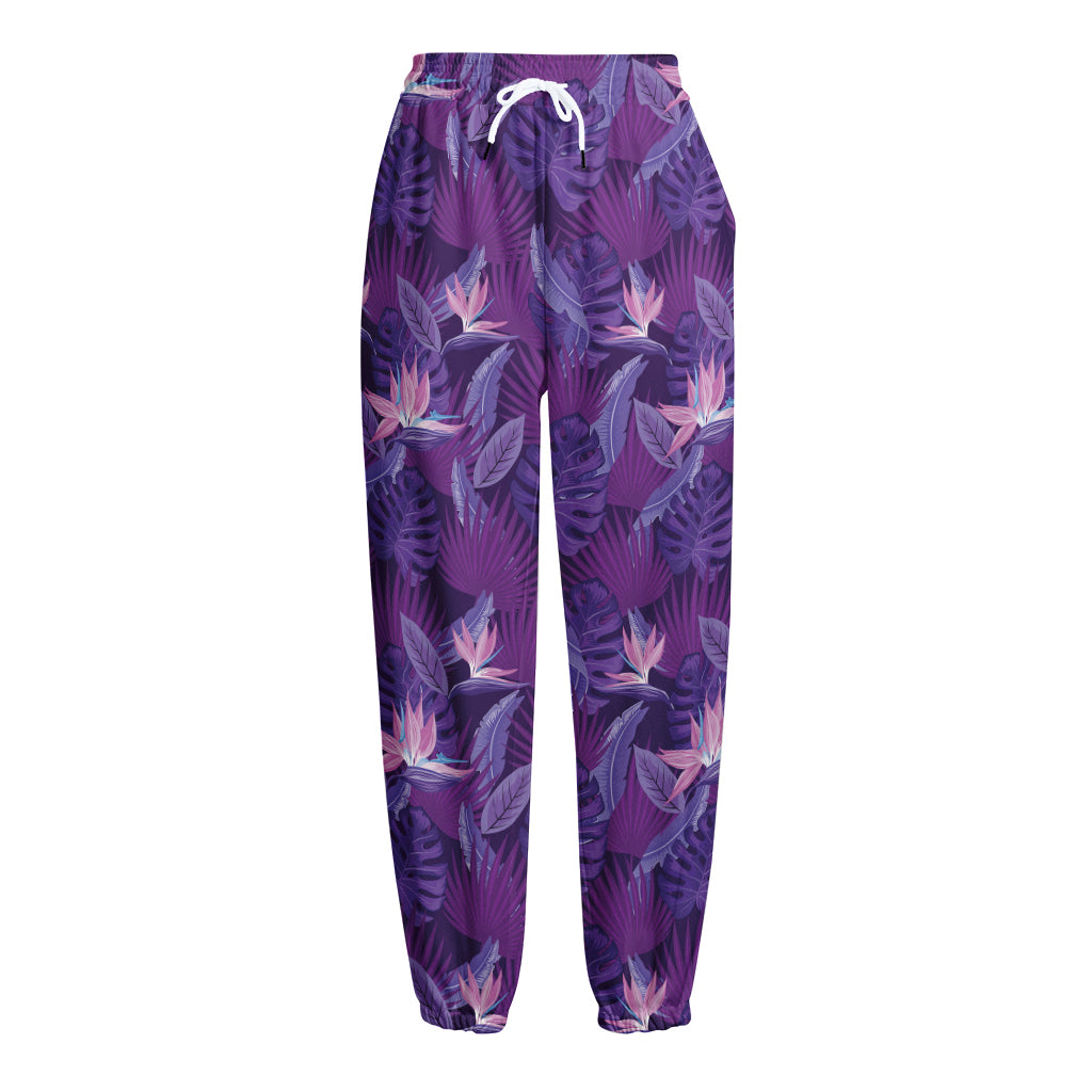 Dark Purple Hawaiian Tropical Print Fleece Lined Knit Pants