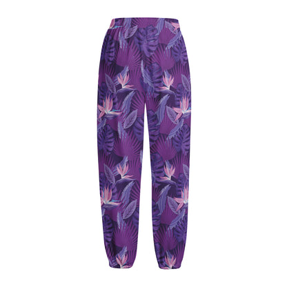 Dark Purple Hawaiian Tropical Print Fleece Lined Knit Pants