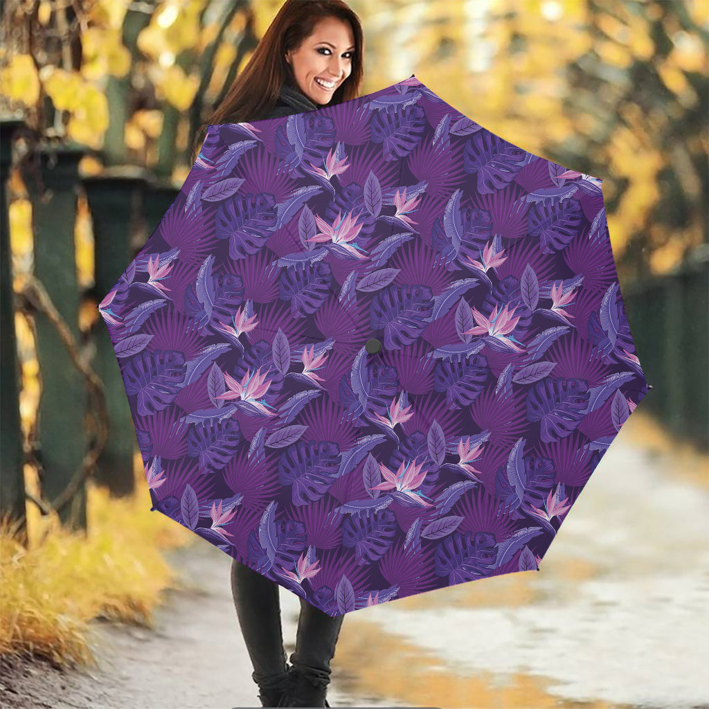Dark Purple Hawaiian Tropical Print Foldable Umbrella