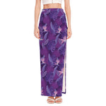 Dark Purple Hawaiian Tropical Print High Slit Maxi Skirt