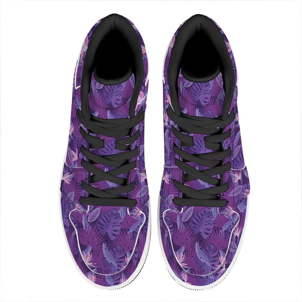 Dark Purple Hawaiian Tropical Print High Top Leather Sneakers
