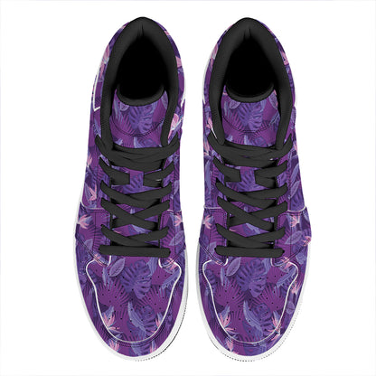 Dark Purple Hawaiian Tropical Print High Top Leather Sneakers