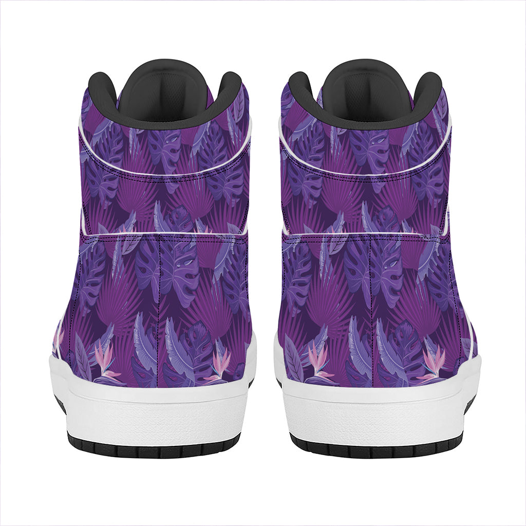 Dark Purple Hawaiian Tropical Print High Top Leather Sneakers