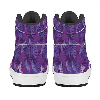 Dark Purple Hawaiian Tropical Print High Top Leather Sneakers