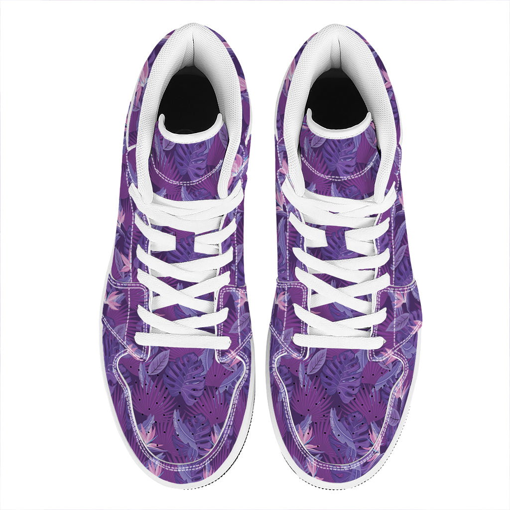 Dark Purple Hawaiian Tropical Print High Top Leather Sneakers