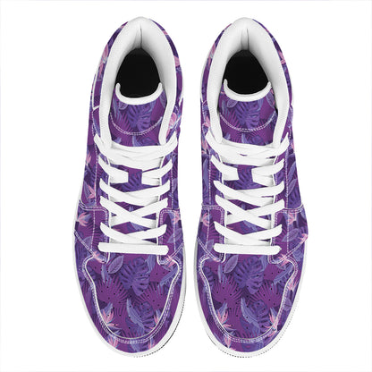 Dark Purple Hawaiian Tropical Print High Top Leather Sneakers
