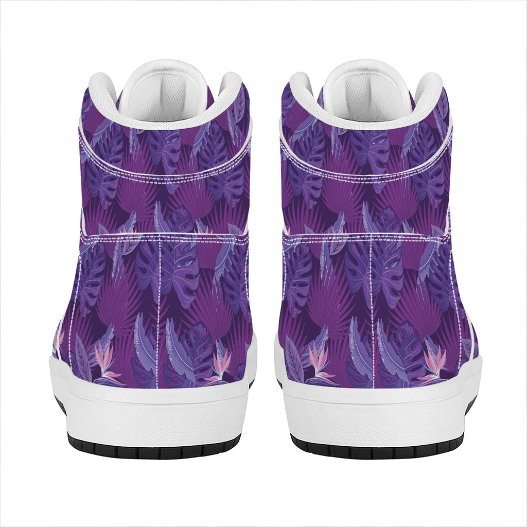 Dark Purple Hawaiian Tropical Print High Top Leather Sneakers