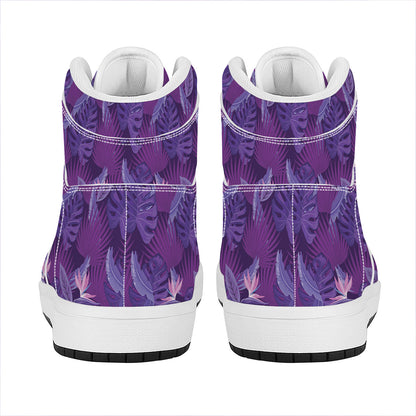Dark Purple Hawaiian Tropical Print High Top Leather Sneakers