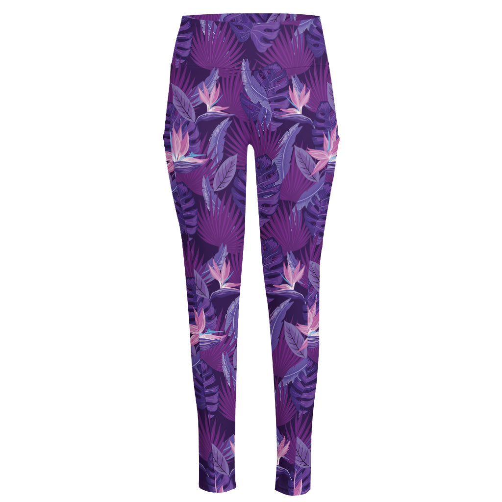 Dark Purple Hawaiian Tropical Print High-Waisted Pocket Leggings