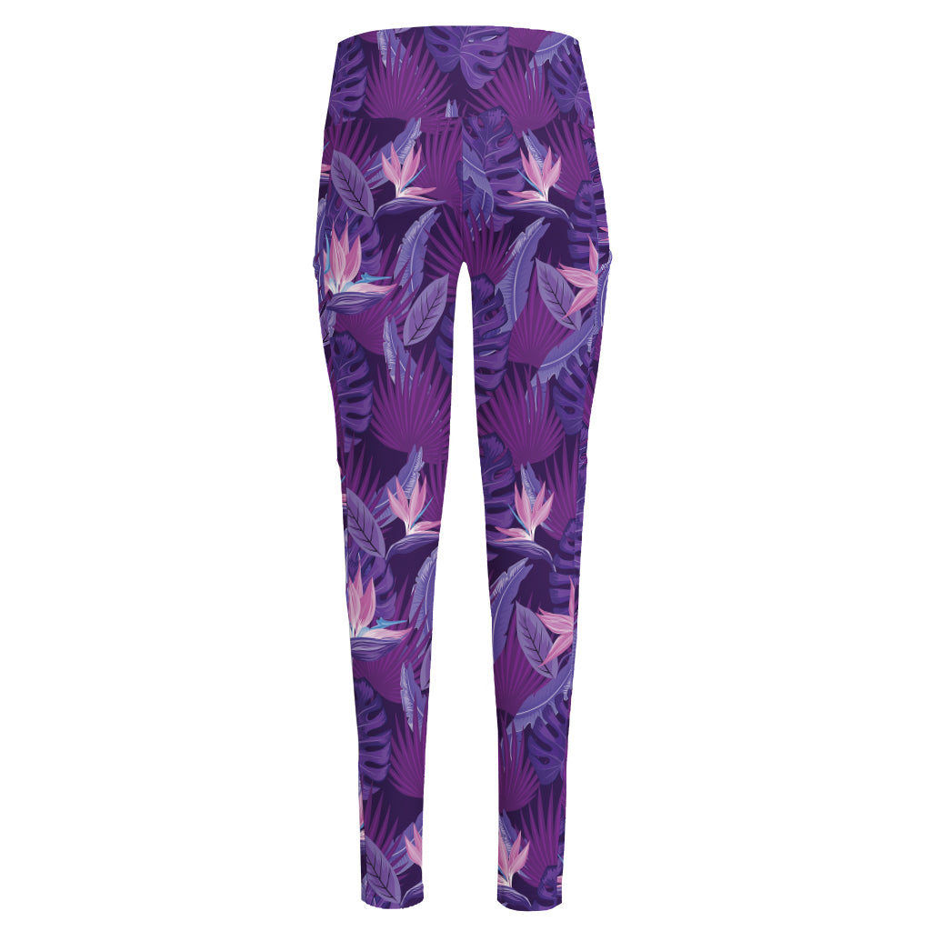 Dark Purple Hawaiian Tropical Print High-Waisted Pocket Leggings