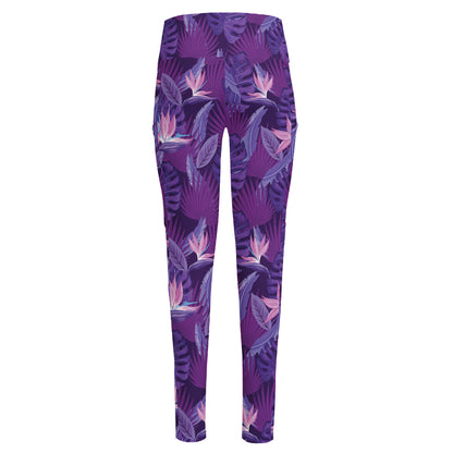 Dark Purple Hawaiian Tropical Print High-Waisted Pocket Leggings