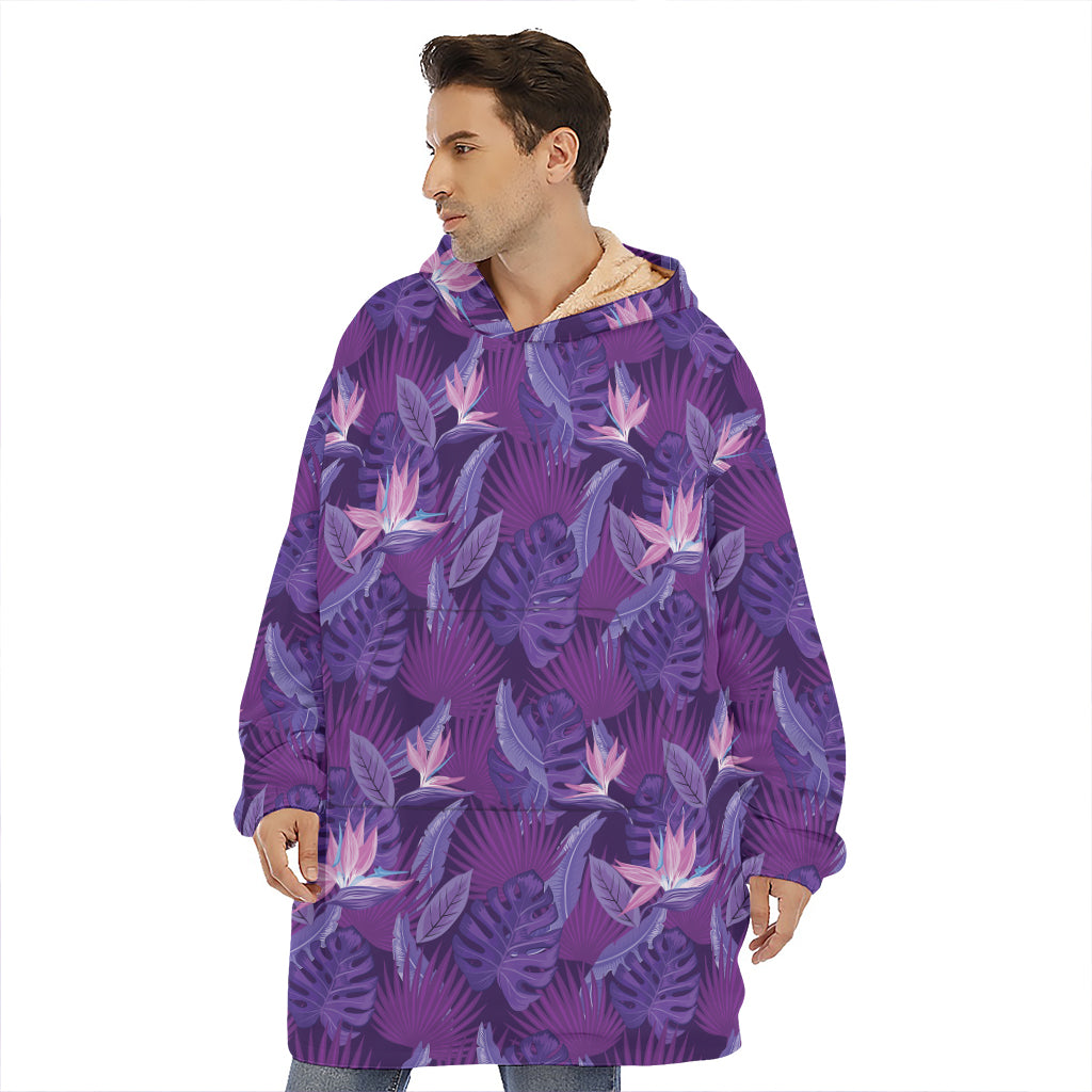 Dark Purple Hawaiian Tropical Print Hoodie Blanket
