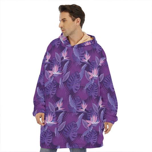 Dark Purple Hawaiian Tropical Print Hoodie Blanket