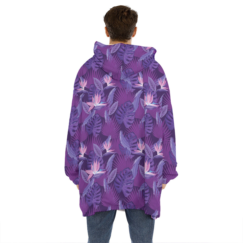 Dark Purple Hawaiian Tropical Print Hoodie Blanket