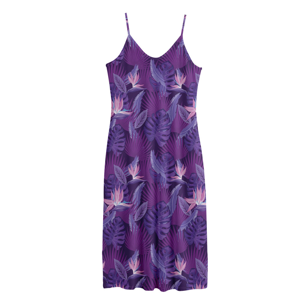 Dark Purple Hawaiian Tropical Print Jersey Midi Cami Dress