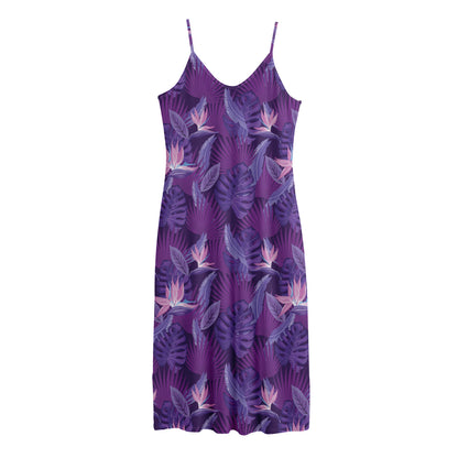 Dark Purple Hawaiian Tropical Print Jersey Midi Cami Dress