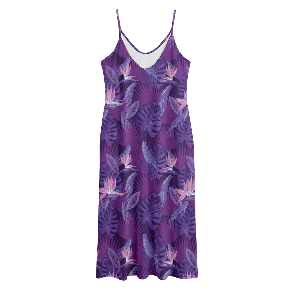 Dark Purple Hawaiian Tropical Print Jersey Midi Cami Dress