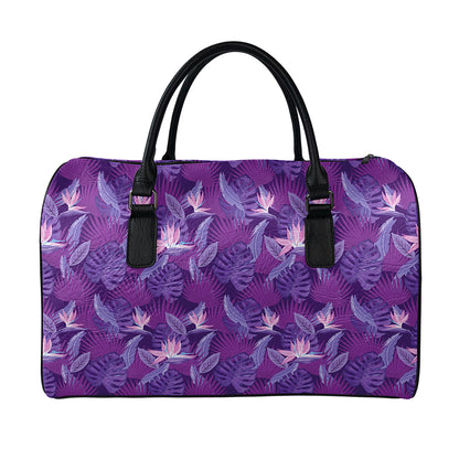 Dark Purple Hawaiian Tropical Print Leather Duffle Bag