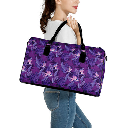 Dark Purple Hawaiian Tropical Print Leather Duffle Bag