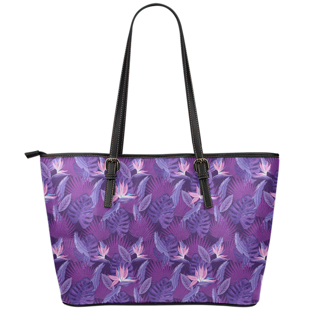 Dark Purple Hawaiian Tropical Print Leather Tote Bag