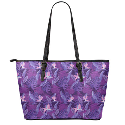 Dark Purple Hawaiian Tropical Print Leather Tote Bag