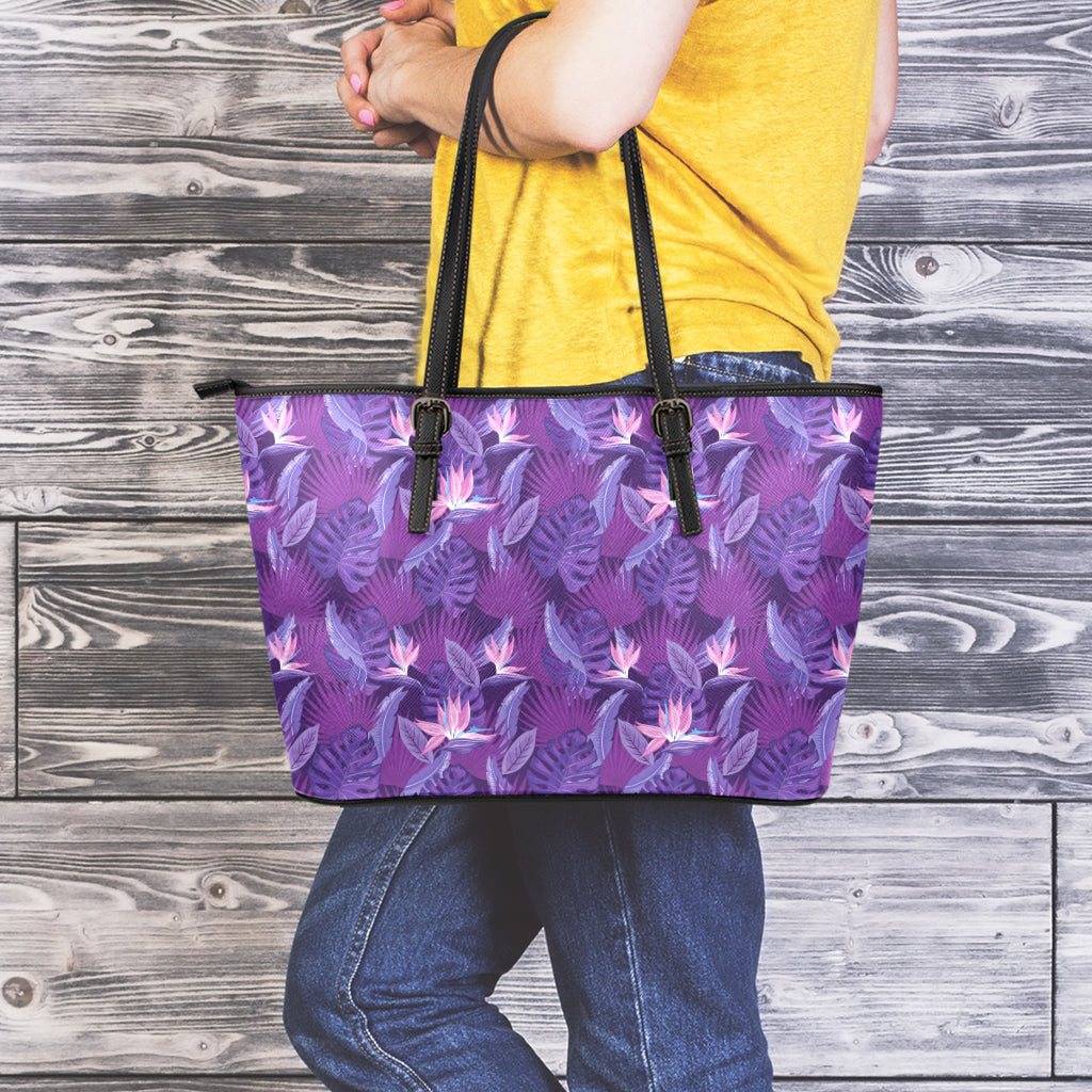 Dark Purple Hawaiian Tropical Print Leather Tote Bag