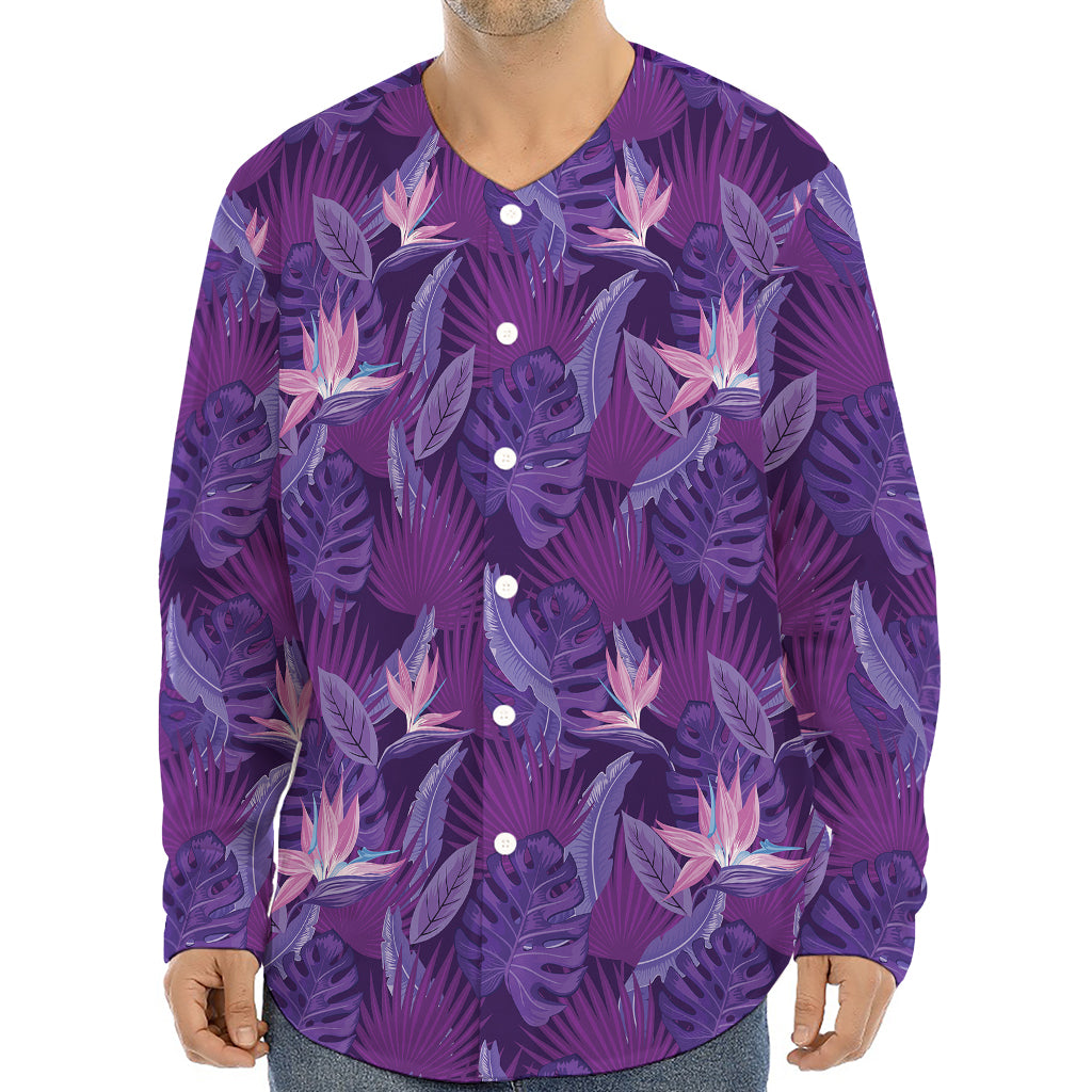 Dark Purple Hawaiian Tropical Print Long Sleeve Baseball Jersey