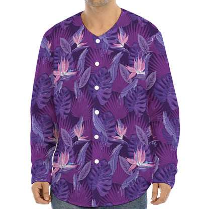 Dark Purple Hawaiian Tropical Print Long Sleeve Baseball Jersey